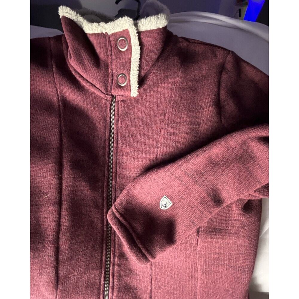 KUHL Alaska Long Sweater Womens Medium Dark Red Full Zip Jacket Layer Shearling